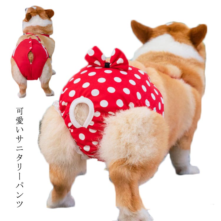 犬服 ドッグウェア サニタリーパンツ 生理パンツ マナーパンツ ドット リボン サスペンダー 女の子用 生理用 尿もれ オシッコ対策 ずれない マナー ズレ防止 ドッグカフェ 室内 おでかけ ドライブ 送料無料