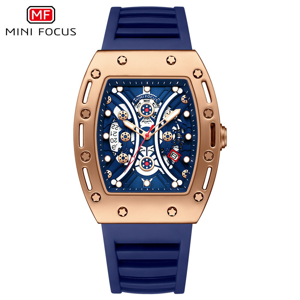 MINIFOCUS MF0420G 日本製ムーヴメント ミニフォーカス メンズ 腕時計 防水 スポーツ トノー型 樽型 ミリタリー 多機能 ラバーベルト クラシック 日付 大きめ ビックフェイス 3気圧日常生活防水 ステンレススチール 夜光インデックス アナログ おしゃれ