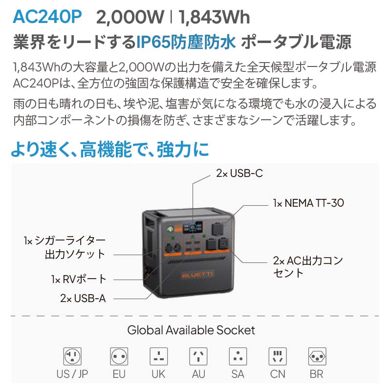 �����̥ݡ����֥��Ÿ���BLUETTI AC240P�ۡ�����͢���ʡˡ��ɿ��ɿХ�ǥ� 1843Wh 2000W ����� ���ϥ�ե� ��ĥ��ǽ �ʰ�UPS��ǽ ������3500�� ���ץ��б� ������ ��� �����ȥɥ� �ҳ� �ɺ� ���� ���� ������