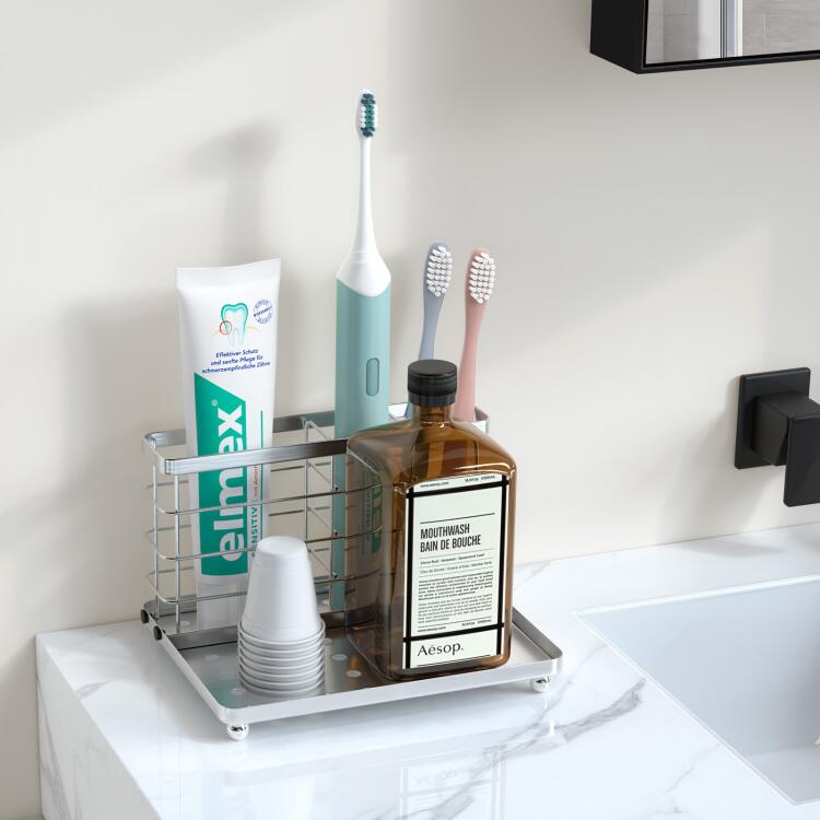 歯ブラシスタンド 歯ブラシ立て Luxspire 歯ブラシホルダー ラック ステンレス製 16*13*10cm 置き型 電動歯ブラシ収納 歯ブラシ置き 石鹸置き スポンジ置き 歯磨き入れ 多機能 水切りタイプ 仕切り 速乾 防ダニ 錆びない メイクブラシ入れ カミソリ入れ 食器入れ