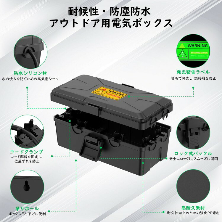Housolution 電気ボックス 屋外コンセントボックス コード収納防水ボックス 配線まとめ IP54防水防塵 耐候性PP製 雨よけ ガーデンライト/延長コード/コンセントプラグなど様々な規格に対応 Black timovo-10000692 TIMOVO サンプル画像3