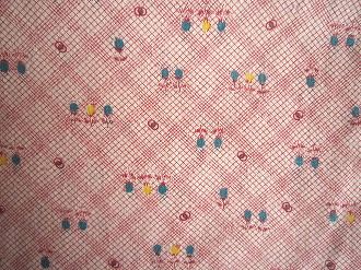 フィードサック　白地深赤格子に青黄小花　（1/16サイズ)