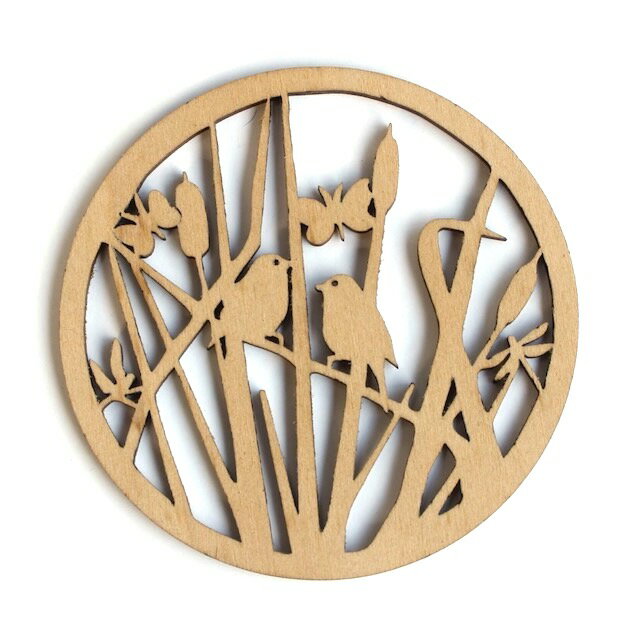 リトアニア製　木製コースター ラウンド《小鳥とガマの穂》