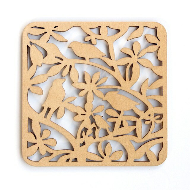 リトアニア製　木製コースター　スクエア《バードファミリー》