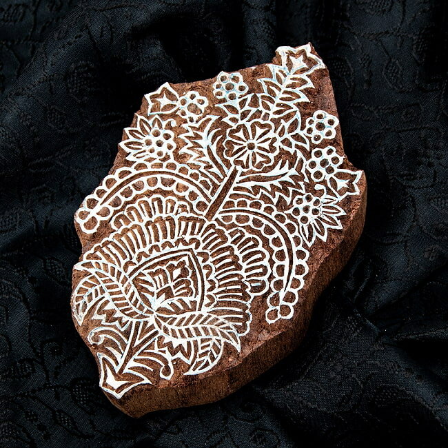 高品質 精細 ウッドブロックスタンプ【花】 12.5cm x 8cm / ウッドスタンプ インド タイ バリ 日用品 ..