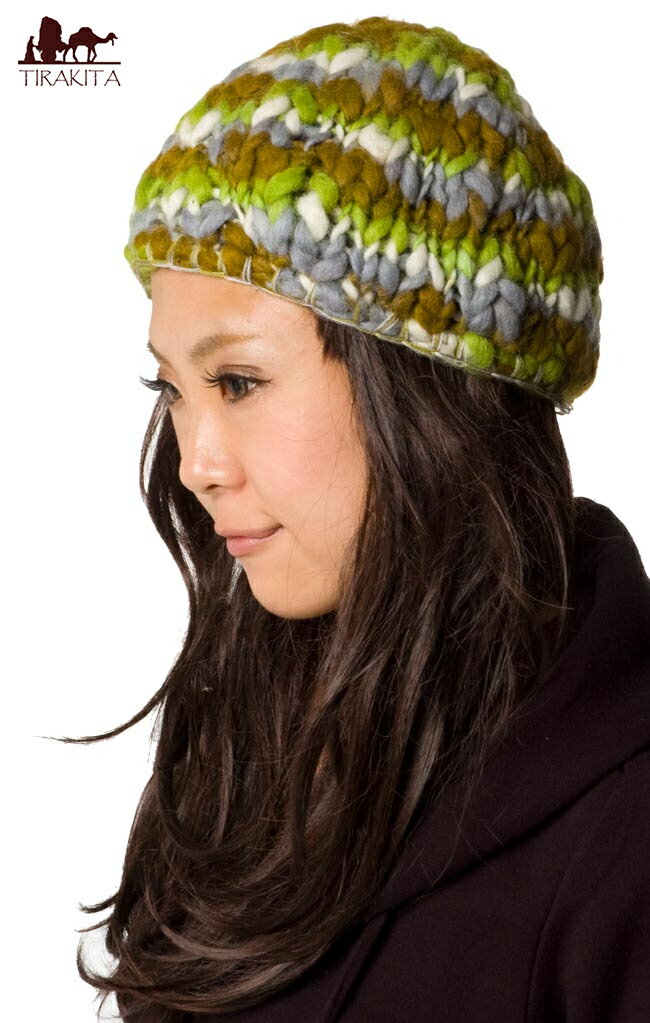 もこもこニット帽 フリース付き 緑ミックス / ロールハット TIRAKITA(ティラキタ) ウール フェルトのニット帽子 ネパール 耳あて エスニック衣料 アジアンファッション エスニックファッション