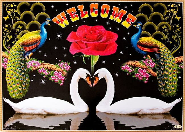 インドの大判ウェルカムポスター 【白鳥とバラ】 / お祝い 金色 ラメ入り！神様ポスター ヒンドゥー教 本 印刷物 ステッカー ポストカード