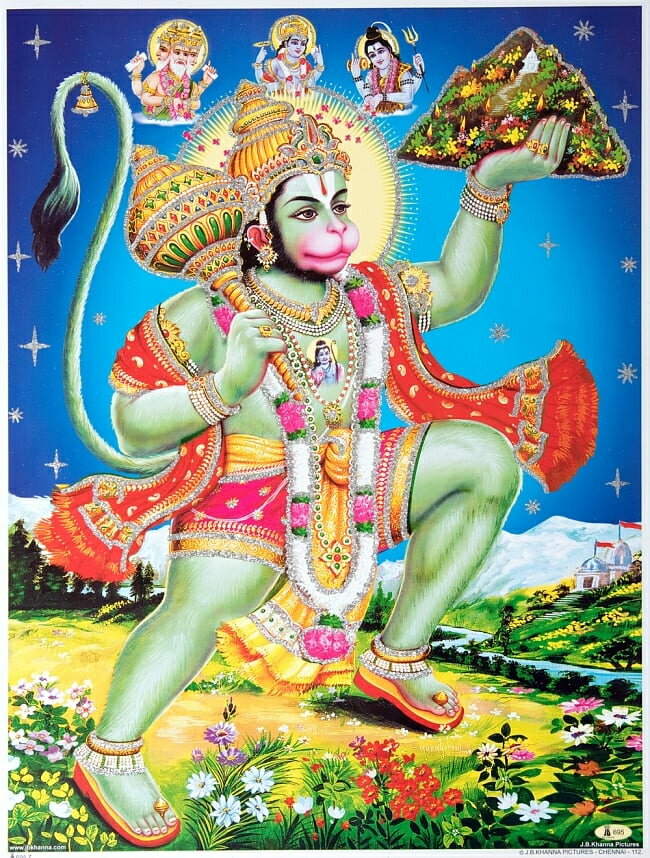 〔約40.5cm×約30.5cm〕輝くラメ入り インドのヒンドゥー神様ポスター ハヌマーン 猿族の王子様 / ヴァナラ ラーマヤナ Hanuman インドの神様 Aポスター 本 印刷物 ステッカー ポストカード