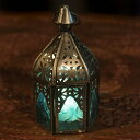 モロッコスタイルの透かし彫りLEDキャンドルランタン〔ロウソク風LEDキャンドル付き〕 〔ブルー〕約14 6.5cm / キャンドルスタンド キャンドルホルダー LEDキャンドルライト アジアン インテリ…