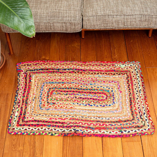 コットンとジュートのカラフル手編みラグ【90×60cm】 / ダリー Dhurrie マット トライバル 絨毯 手織り キリム アジアン インテリア エスニック