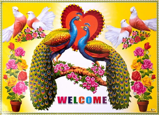 インドのウェルカムポスター 【孔雀】 / お祝い 金色 ラメ入り 神様ポスター ヒンドゥー教 本 印刷物 ステッカー ポストカード