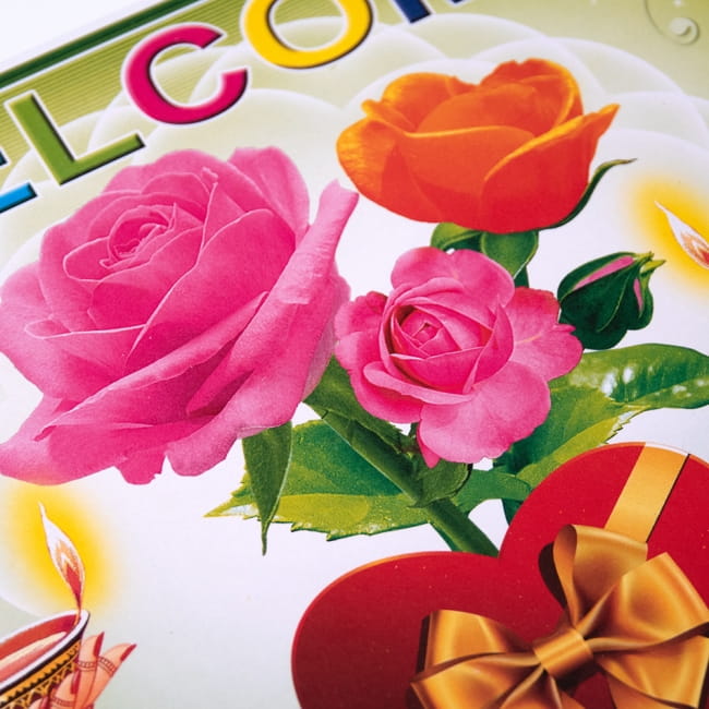 インドのウェルカムポスター 【花と薔薇】 / お祝い 金色 ラメ入り！神様ポスター ヒンドゥー教 本 印刷物 ステッカー ポストカード 2