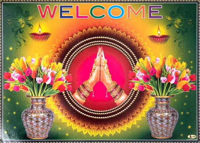 インドのウェルカムポスター  / お祝い 金色 ラメ入り！神様ポスター ヒンドゥー教 本 印刷物 ステッカー ポストカード