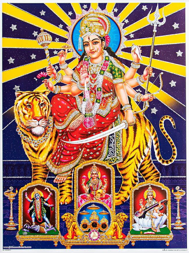 ■〔約40.5cm×約30.5cm〕輝くラメ入り・インドのヒンドゥー神様ポスター - ドゥルガー 勝利の女神の詳細 大きさ 約40.5cm×約30.5cm 折れとサイズについて インド現地品の為、フチの部分などに多少の折れ等がある場合がござ...