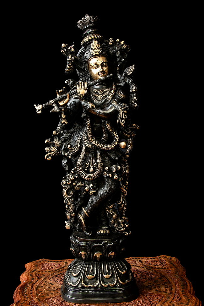 期間限定SuperSale割引 【送料無料】 真鍮黒塗仕上げ 特大サイズ クリシュナ 75cm / クリシュナ像 神様像 ラーダ ヴィシュヌ インドの神様像 置...