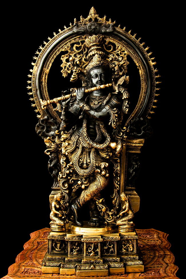 期間限定SuperSale割引 【送料無料】 【1点物 寺院奉納級】真鍮黒塗仕上げ 特大サイズ クリシュナ 79cm / クリシュナ像 神様像 ラーダ ヴィシュ...