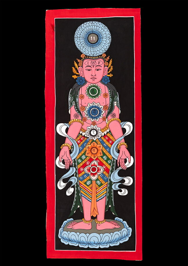 【送料無料】 〔一点物〕タンカ チャクラ人体曼荼羅 エネルギー体図 52cm x 20cm / 仏画 マンダラ チベ..