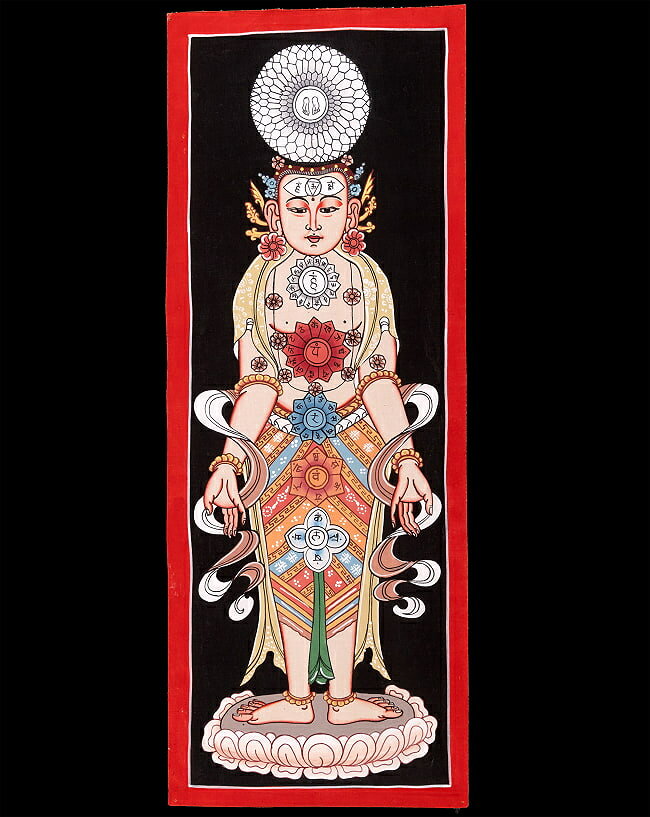 【送料無料】 〔一点物〕タンカ チャクラ人体曼荼羅 エネルギー体図 52cm x 20cm / 仏画 マンダラ チベ..