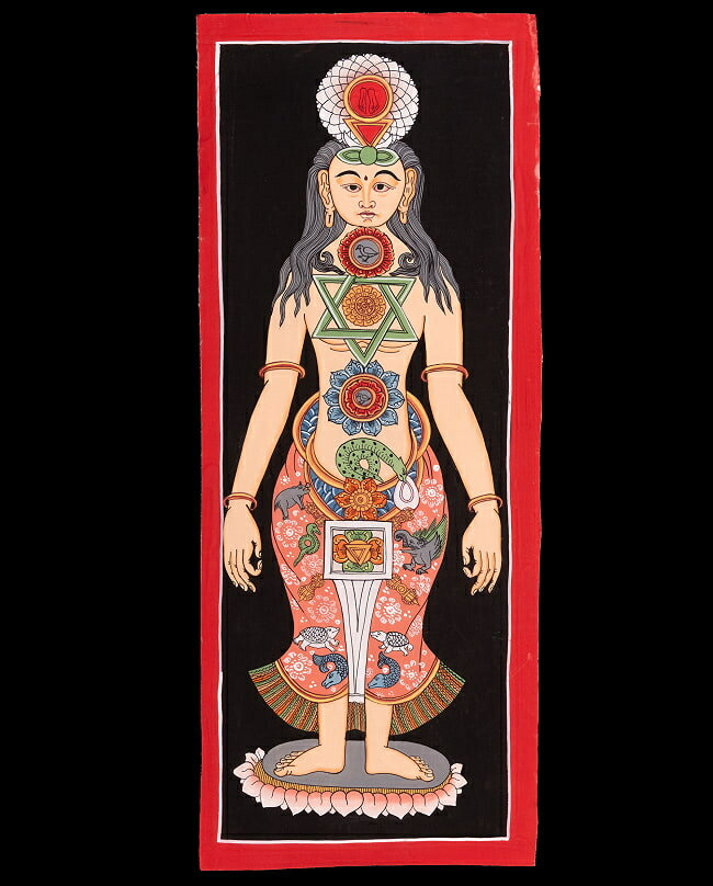 【送料無料】 〔一点物〕タンカ チャクラ人体曼荼羅 エネルギー体図 52cm x 20cm / 仏画 マンダラ チベ..