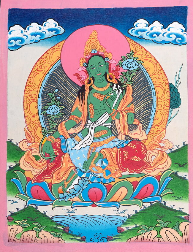 【送料無料】 〔一点物〕タンカ グリーンターラ 40cm x 30cm / 仏画 マンダラ チベット 曼荼羅 手描き ..