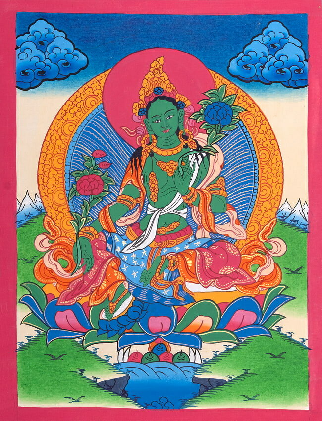 【送料無料】 〔習作〕タンカ グリーンターラ 40cm x 30cm / 仏画 マンダラ チベット 曼荼羅 手描き ネ..