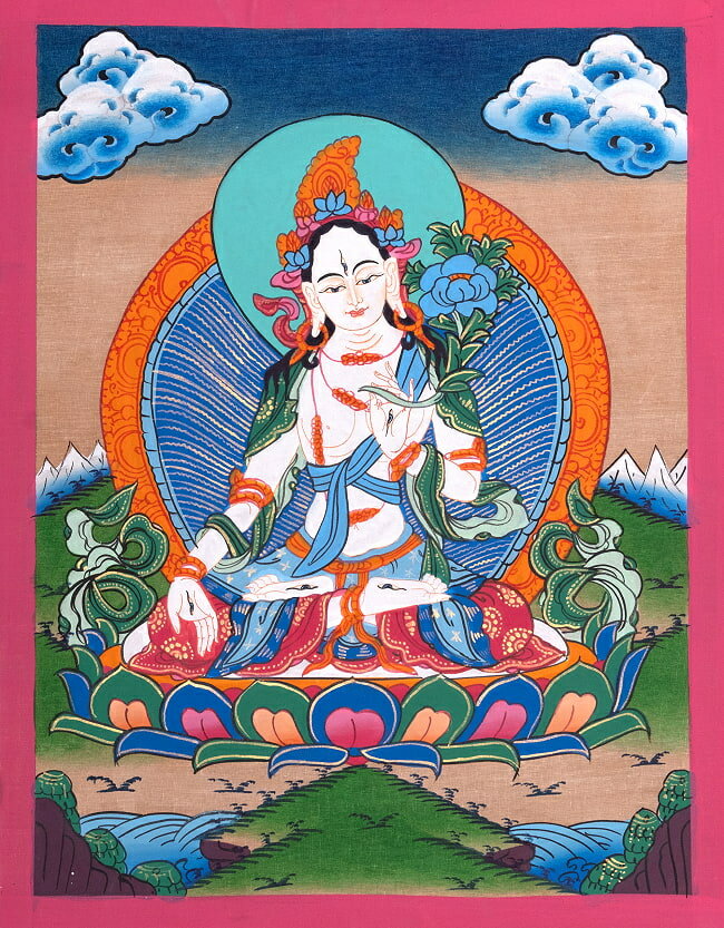 【送料無料】 〔習作〕タンカ ホワイトターラ 40cm x 30cm / 仏画 マンダラ チベット 曼荼羅 手描き ネ..