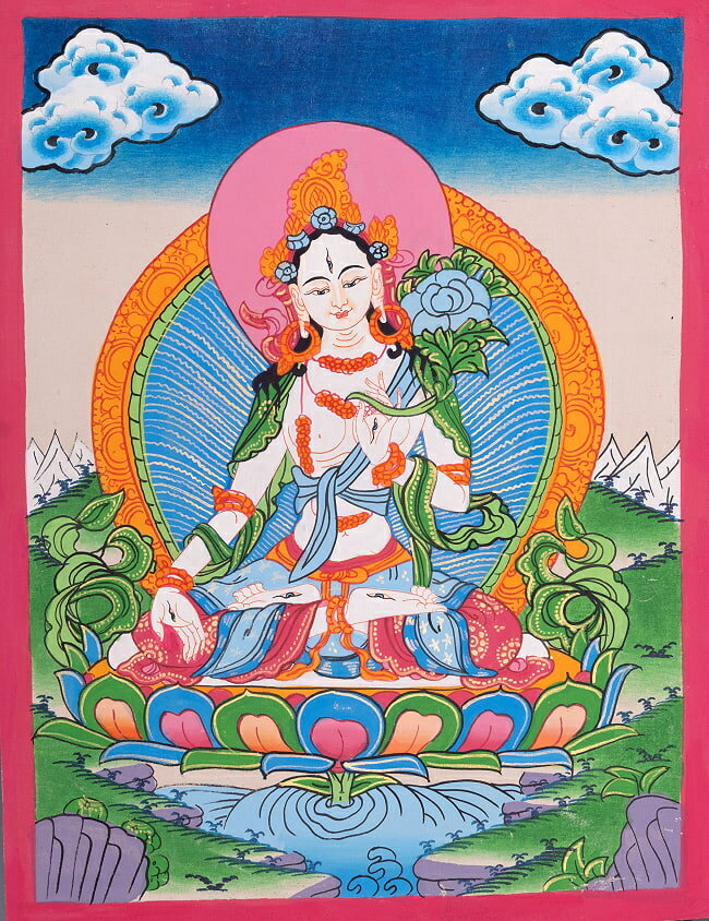 【送料無料】 〔一点物〕タンカ ホワイトターラ 40cm x 30cm / 仏画 マンダラ チベット 曼荼羅 手描き ..