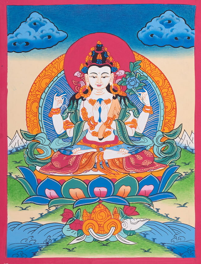 【送料無料】 〔習作〕タンカ 観音菩薩 チェンレジグ（Chenrezig） 40cm x 30cm / 仏画 マンダラ チベ..