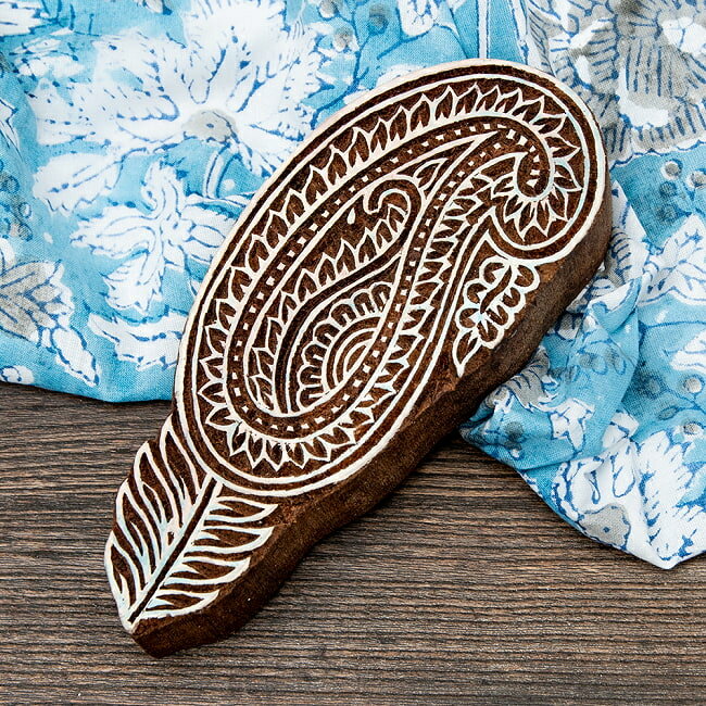 高品質 精細 ウッドブロックスタンプ【葉っぱ】 15.5cm x 7cm / ウッドスタンプ インド タイ バリ 日用..