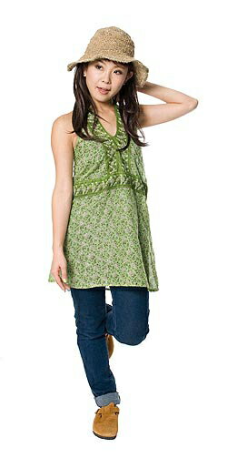 フラワープリントホルターネック -グリーン | キャミソール エスニック アジアン 女性 袖なし トップス 衣料 服 ファッション インド