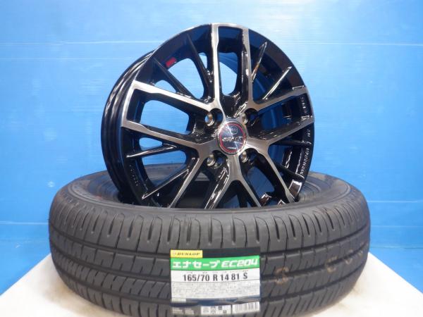 4本set 165/70R14 新品サマータイヤ 新品ホイール付き アクア スペイド パッソ ポルテ マーチ スイフト ブーン 等に 共豊 スマック レヴィラ 14インチ 4穴 PCD100 ブラックポリッシュ 夏タイヤ ダンロップ エナセーブ EC204 165/70-14 サマータイヤ