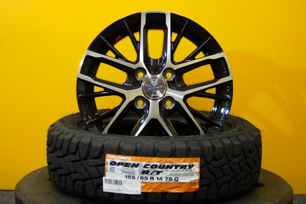 即決 送料無料 新品 サマータイヤ オフロード トーヨー OPENCOUNTRY RT 155/65R14 日本製 14インチ 4穴 100 ブラックポリッシュ アルミ 4本セット N-BOX スペーシア タント 4本セット