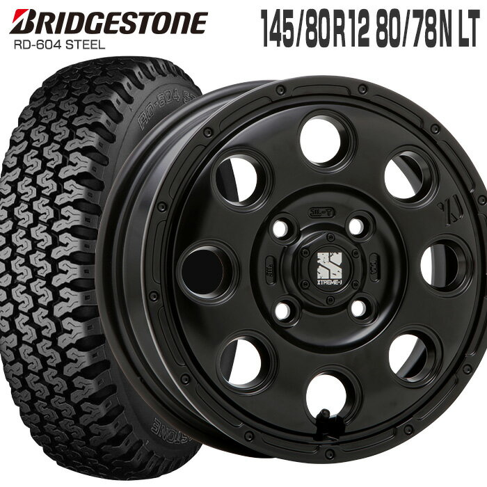 604V 145/80R12 80/78N ブリヂストン BRIDGESTONE エクストリームJ KK03 12×4.0 PCD100/4H +42 サテンブラック 12インチ サマータイヤ 4本 ホイールセット (145R12 6PR 互換) RD-604 STEEL XTREME-J MLJ 軽トラ 軽バン ブリジストン