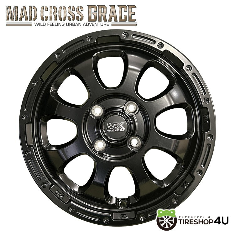 MAD CROSS　GRACE 14x4.5J 4/100 +45　オールブラック BK BRIDGESTONE　NEWNO 155/65R14　低燃費タイヤ 新品 タイヤホイールセット 4本価格 14インチ タント スペーシア N-BOX 軽自動車 など ブリヂストン ニューノ マッドクロス オフロード系 半艶黒