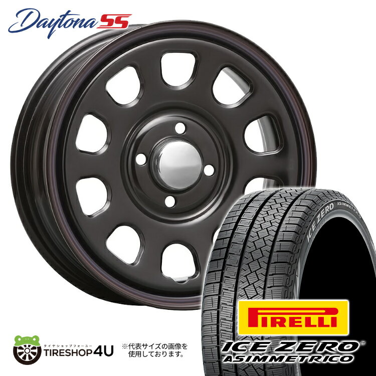 15インチ 6J スタッドレスタイヤ ホイール 4本セット プロボックス サクシード 2023年製 PIRELLI ICE ZERO ASIMMETRICO 195/65R15 91T MLJ DAYTONA SS 15X6.0J 4/100 30 ブラック 赤青ライン ピレリ アイス ゼロ アシンメトリコ デイトナSS スチール製 鉄チン