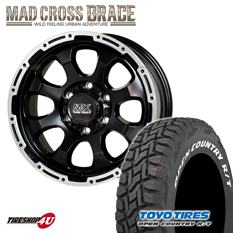 【取付対象】 MAD CROSS　GRACE 16x6.5J 6/139.7 +38 +48　セミグロスブラック リムポリッシュ TOYO　OPEN COUNTRY R/T 215/65R16　109/107Q ホワイトレター マッドクロス トーヨー オープンカントリー RT タイヤホイール4本セット ハイエース キャラバン