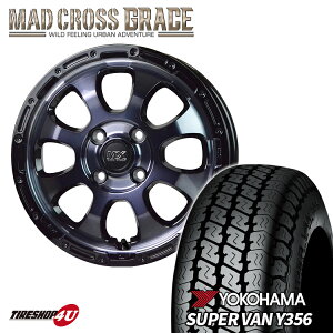 【取付対象】 新品 タイヤホイール 4本セット 12インチ MAD CROSS　GRACE 12x4.00B 4/100 +43　ブラッククリア リムブラック YOKOHAMA SUPER VAN　Y356 145/80R12　80/78N マッドクロス ヨコハマ スーパーバン 軽トラ 軽バン ハイゼット エブリー など