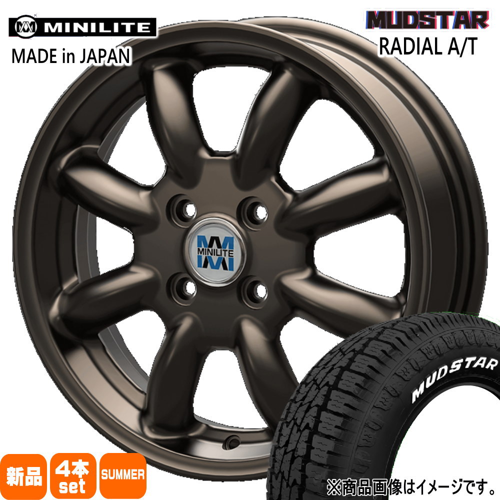 155/65R14 75S ラジアル AT RADIAL AT マッドスター MUDSTAR 新品 夏用 サマータイヤ ホイール 4本セット KIT JAPAN MINILITE 14×4.5+45 4/100 14インチ
