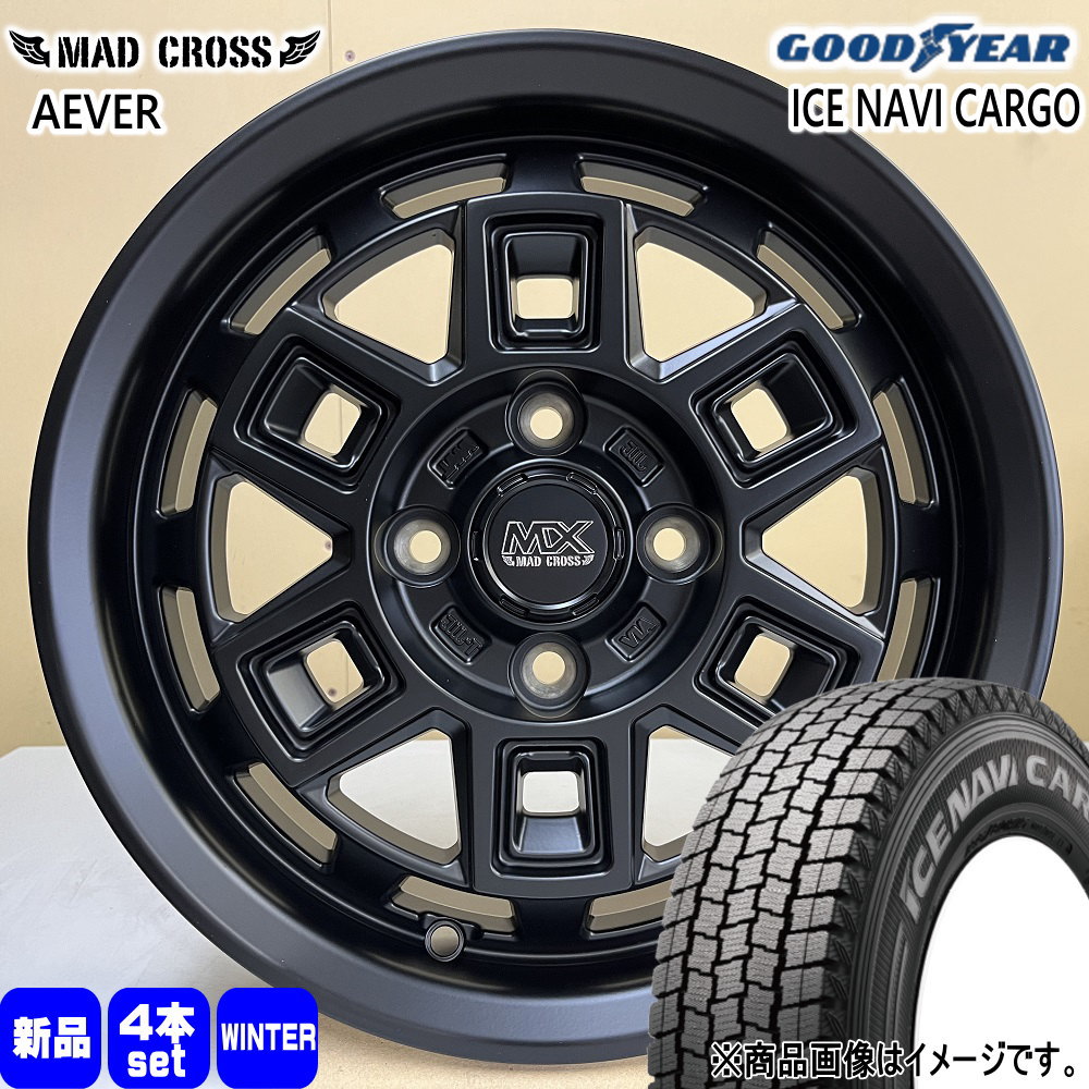 145/80R12 80/78N LT アイスナビ カーゴ ICE NAVI CARGO グッドイヤー GOODYEAR 新品 冬用 スタッドレスタイヤ ホイール 4本セット HOT STUFF CORPORATION MAD CROSS AEVER 12×4.0+43 4/100