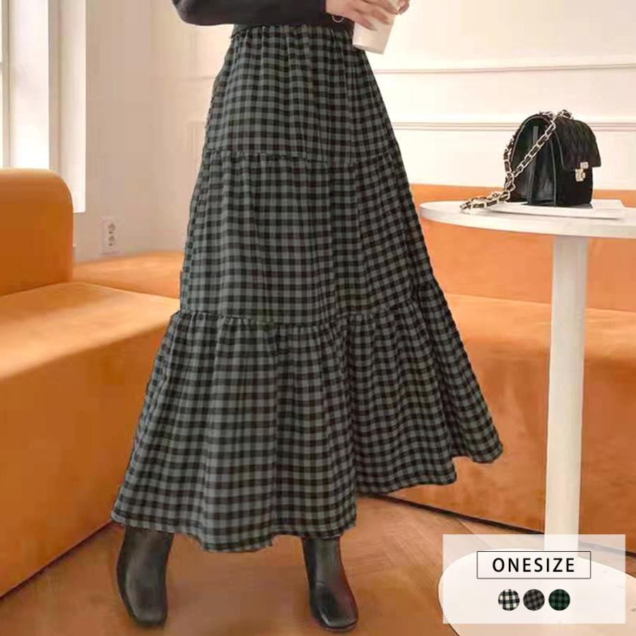 樂天商城 - チェックスカート 秋冬 ロング レディース ウエストゴム 黒 ティアード 裾 切り替え ギンガムチェック
