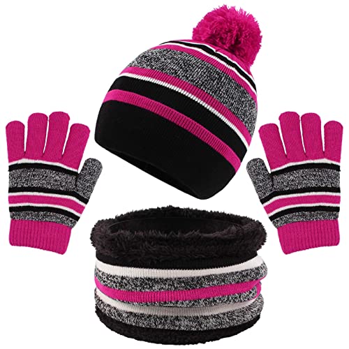 【期間限定ポイントUP】[Millicate] 子供 ニット帽子 スヌード 手袋 キッズ 3-8歳 防寒セット あったか 男の子 ニット帽子 女の子 防風 防寒 スノボ スキー 通学 小学生 (ローズレッド， 3-8歳)