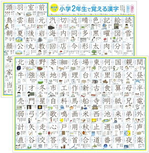 【期間限定ポイントUP】どこでも学習館 小学二年生で習う漢字表 お風呂ポスター 2年生 A3ユポ紙 2枚 書き順・使用例・イラスト付き 防水