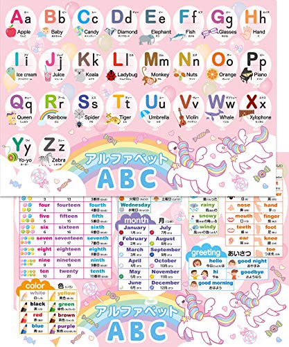 アルファベット表 お風呂ポスター 2枚セット 日本製 ユニコーンデザイン ABC表 お受験 知育 英語 学習 B3サイズ 防水 お風呂の学校