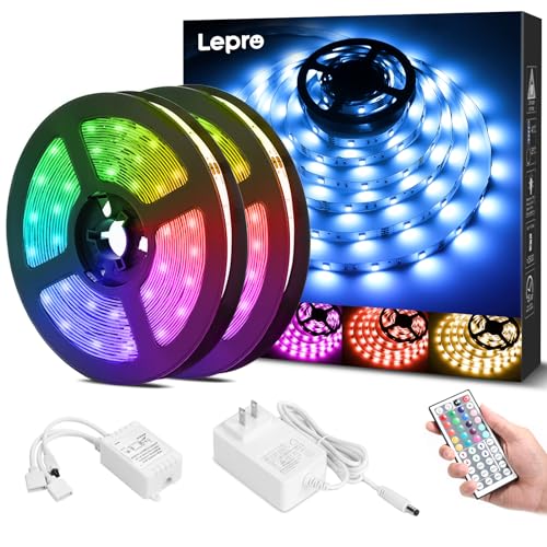 【期間限定ポイントUP】Lepro LEDテープライト SMD 5050 両面テープ 10m (5m*2本) 300連 非防水 RGB 30leds/m 高輝度 44Kコントローラ..
