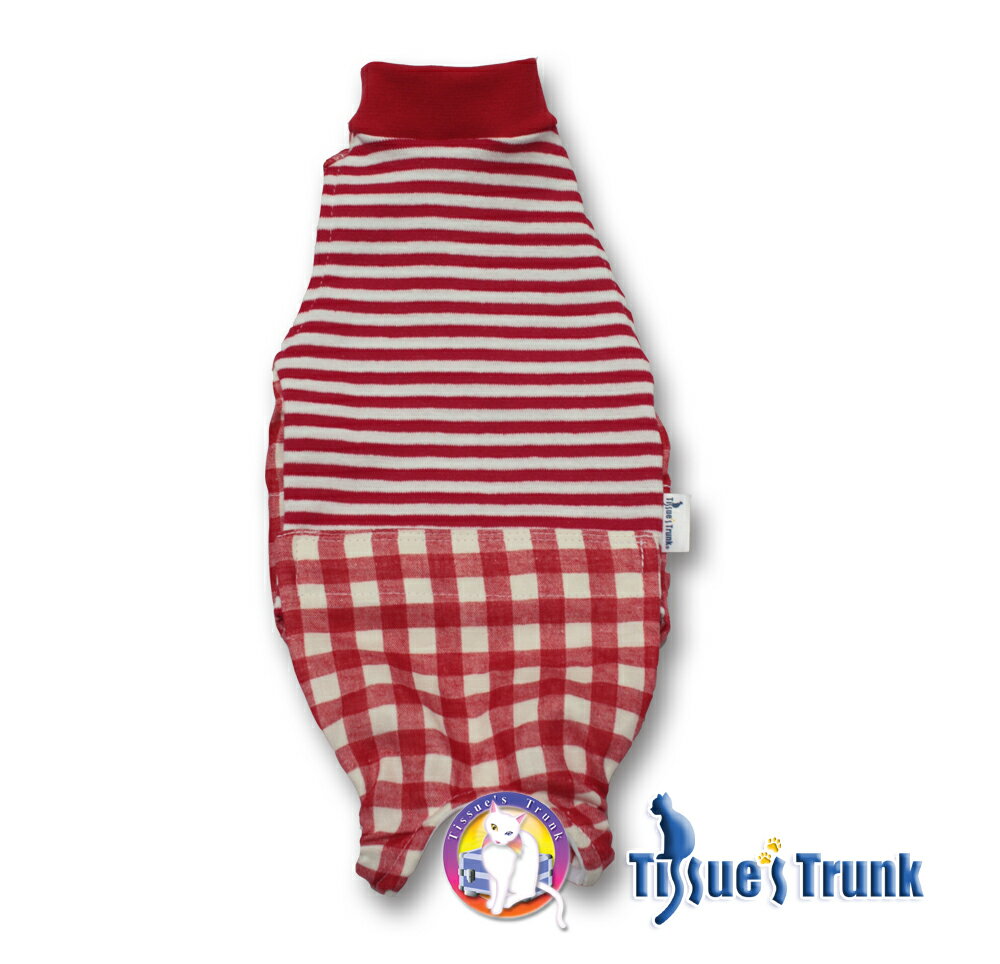 猫用術後服　チェック＆ボーダー　レッド