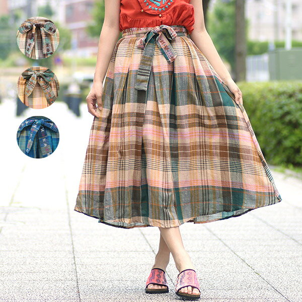 【50％OFF】 レディース ボトムス スカート ロングスカート チェック ゆったり 夏 リボン コットン チェック エスニック アジアン ネイティブ チチカカ公式 TITICACA ／コットンチェック フレアスカート gsibd287