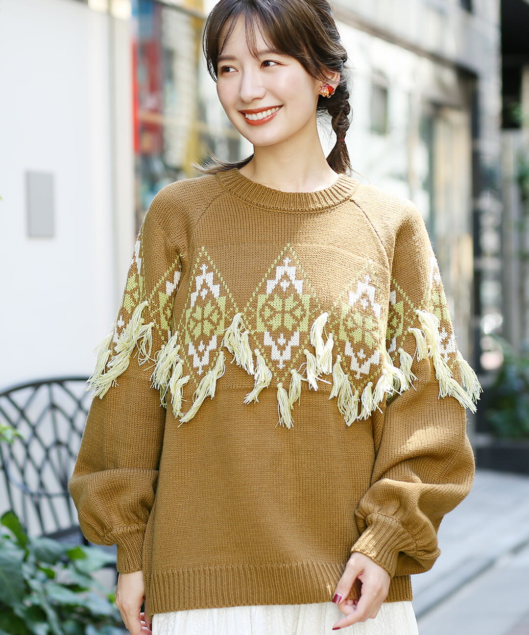 ナバホフリンジニットプルオーバー ／ セーター ニットウェア レディース 秋 冬 長袖 クルーネック 求心柄 ボリューム袖 ドロップショルダー ナバホ柄 幾何学柄 幾何柄 ブラウン グレー アイボリー トップス プルオーバー エスニック チチカカ TITICACA