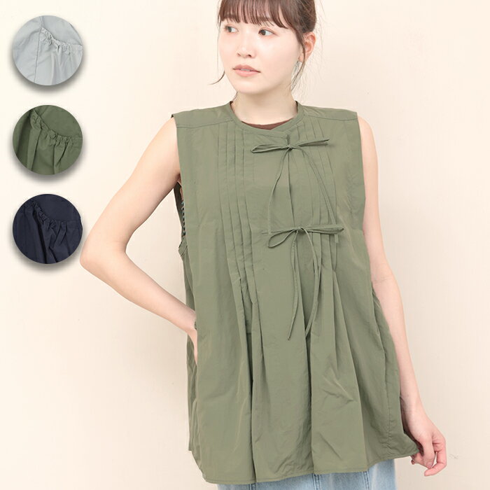Sleeveless - タックノースリーブブラウス ／ ベスト シャツ ブラウス ノースリーブ ハオリ 羽織り 春 夏 リボン タック ギャザー 丸首 Aライン ポケット 無地 シンプル レイヤード グレー カーキ ブラック トップス レディース カジュアル エスニック チチカカ TITICACA