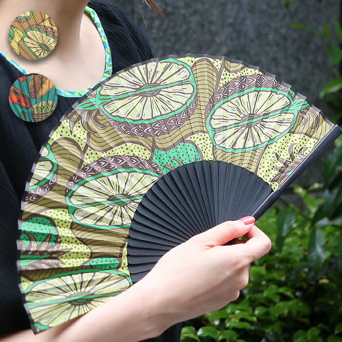 エスニックプリント扇子 ／ 扇子 センス カバー付き 雑貨 春 夏 パイナップル メキシコフード イエロー..