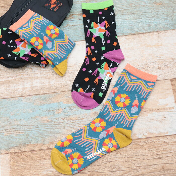 楽天エスニック　チチカカ楽天市場店ハッピーモチーフキラキラソックス ／ 23-25cm 靴下 クルーソックス ラメ糸 ピニャータ 23cm 23.5cm 24cm 24.5cm 25cm レディース 秋 冬 アクセント ブラック ブルー カラフル 個性的 プチプラ ギフト プレゼント エスニック チチカカ TITICACA